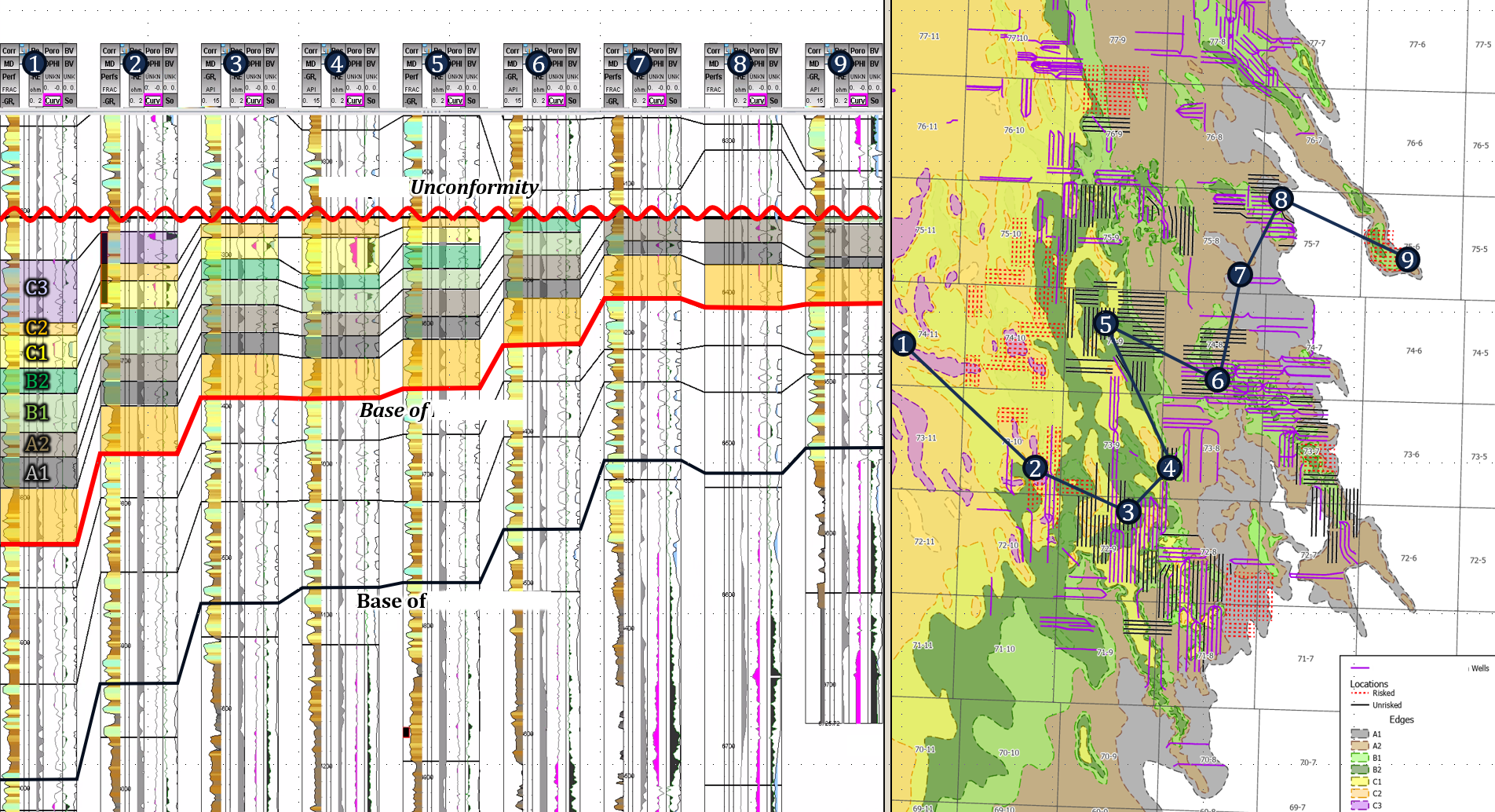 Geologic well log cross section