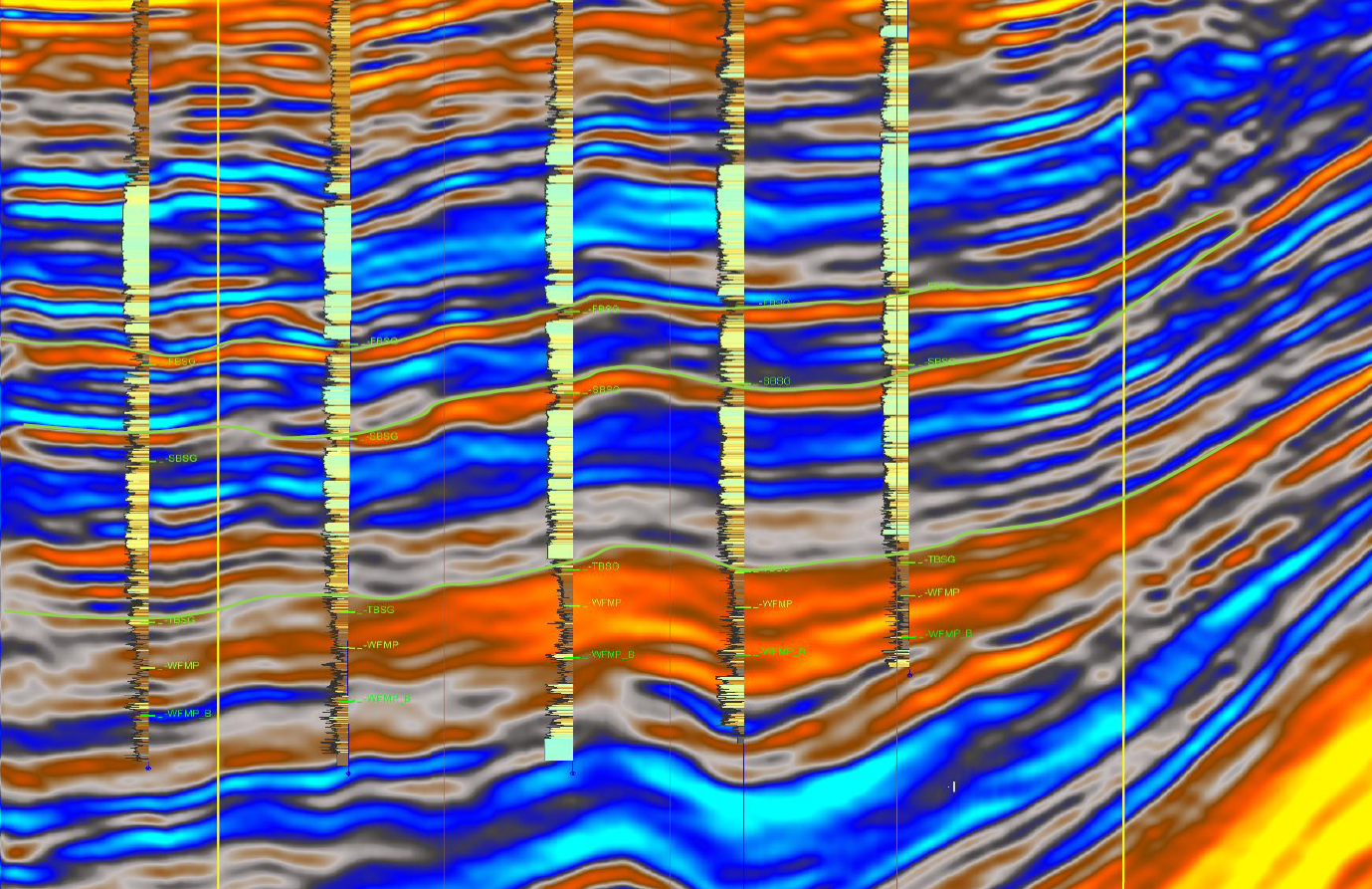 Seismic section with well logs and formation picks